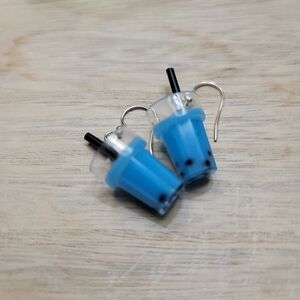 Handcrafted Mini Bubble Tea Dangle Earrings Blue Boba Milk Tea Jar Straw